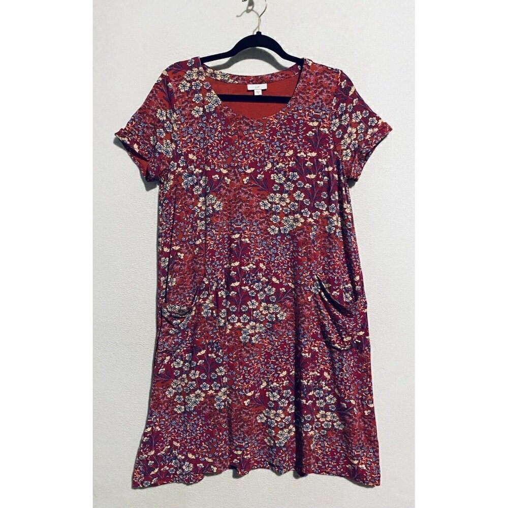 J Jill Dress Womens Medium Pink Floral Patchwork Knit Midi Short Sleeve Boho